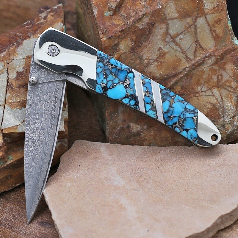 Turquoise & Mother of pearl inlay handle knife