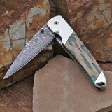 Cholla wood &amp; green inlay folding knife-Damascus