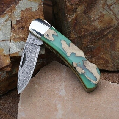 Cholla wood inlay pocket knife w/Damascus blade