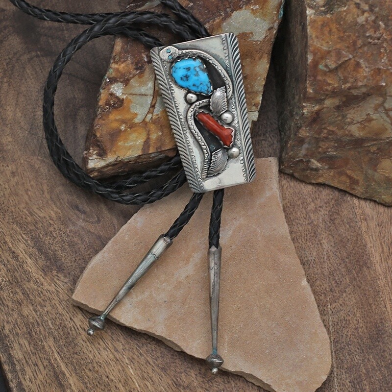 1970's turquoise & coral bolo tie
