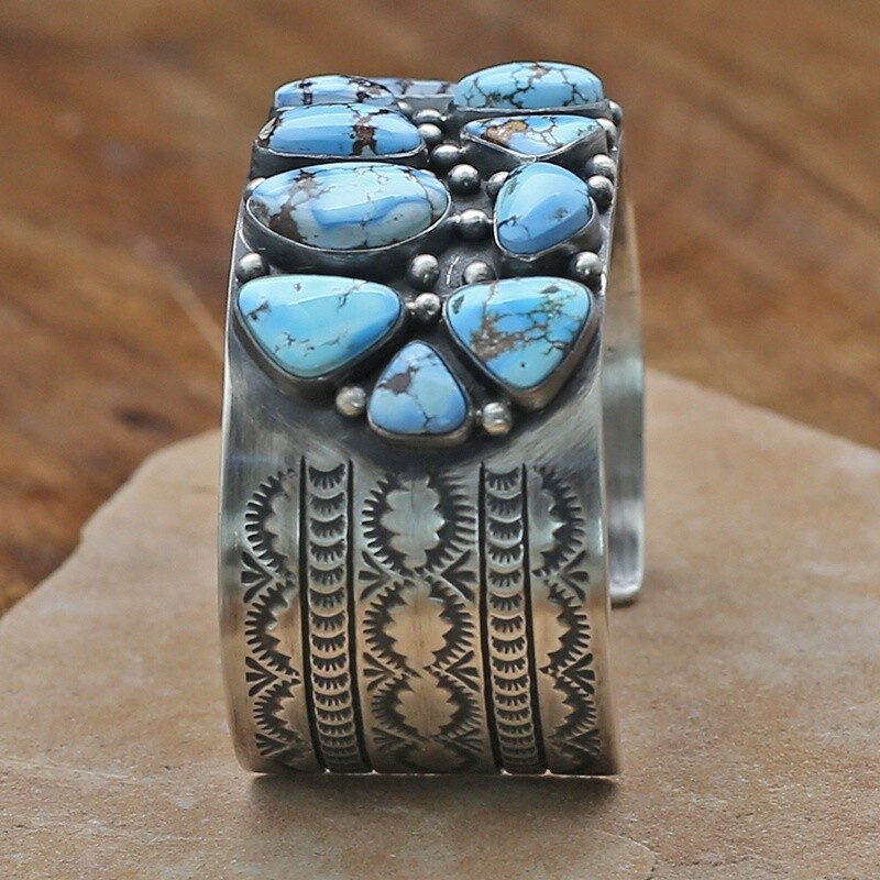 Wide cluster stone bracelet with Golden Hills turquoise