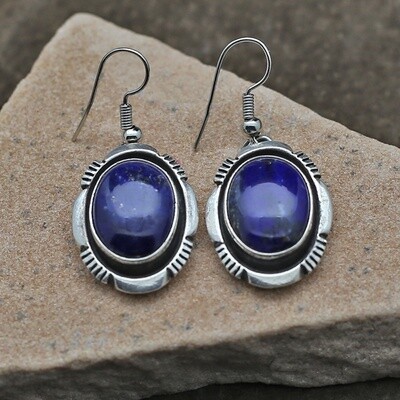 Oval lapis dangle earrings with triangle wire setting