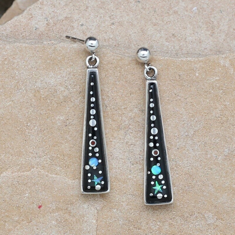 long dangle post earrings, Night Sky inlay design