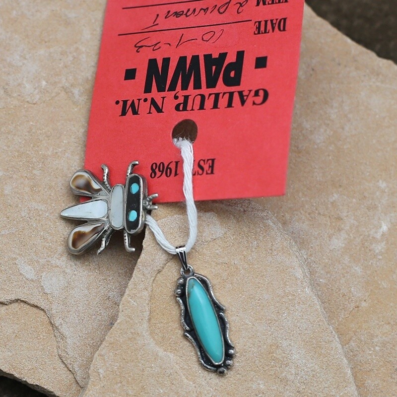 Pawn Jewelry-Zuni inlay fly &amp; Navajo turquoise pendants