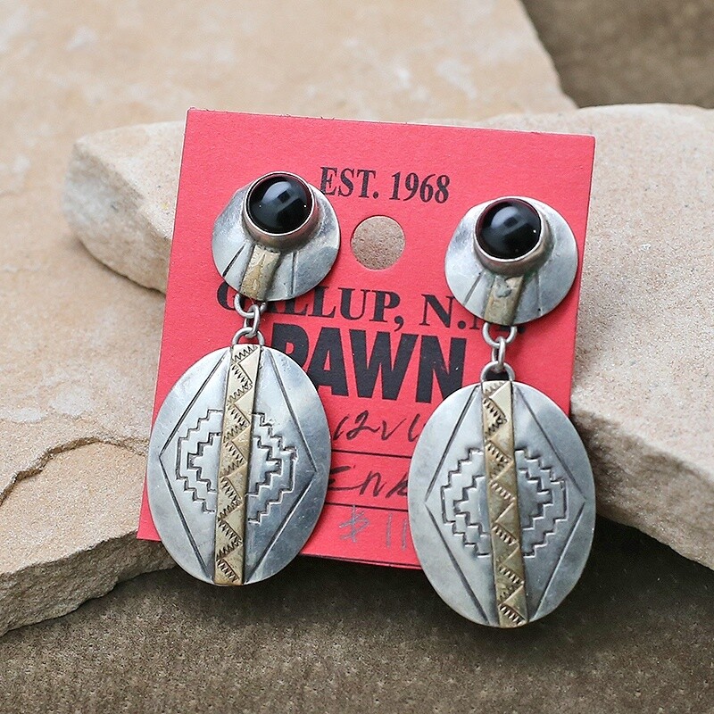 Pawn Jewelry- Navajo black onyx earrings in silver w/ gold fill elements