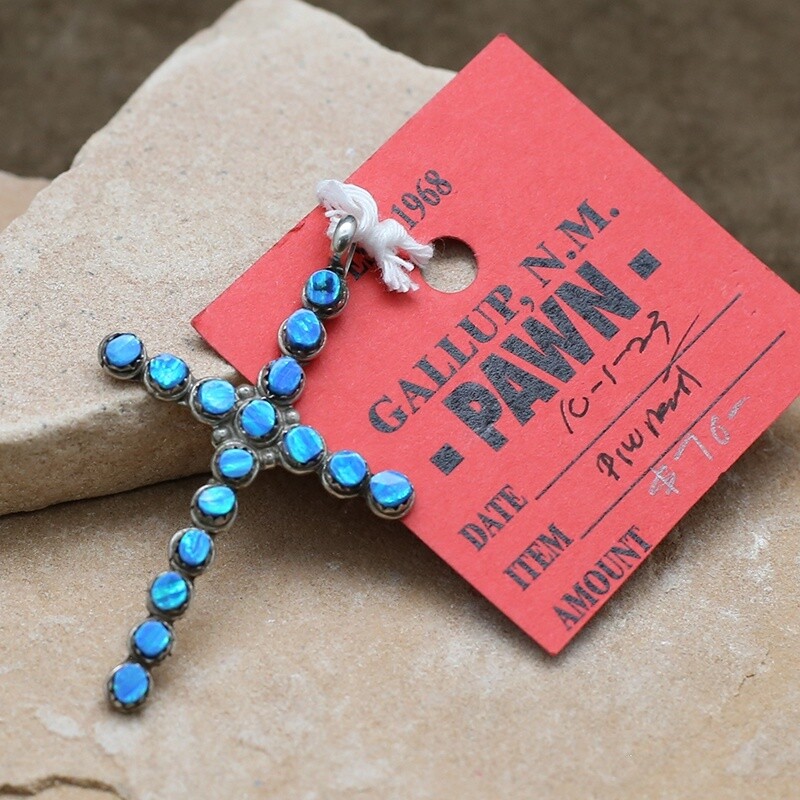 Pawn Jewelry-Zuni cross with blue cultured opal