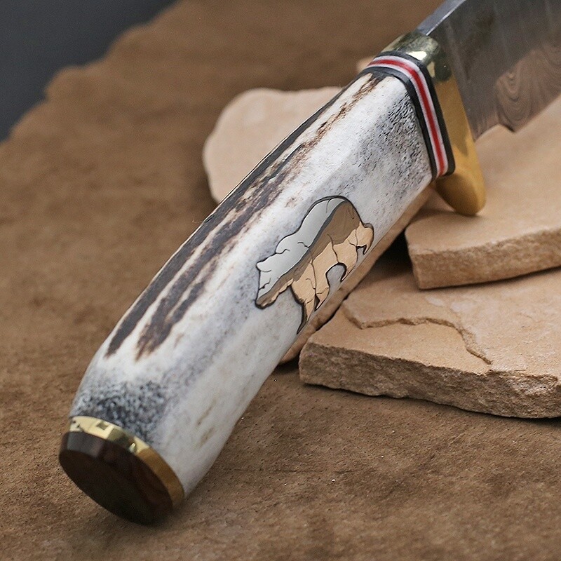Antler handle Damascus  blade w/ silver bear inlay