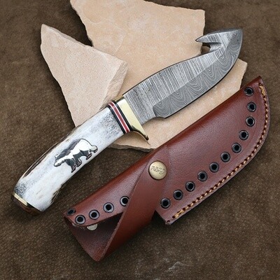 Antler handle Damascus blade w/ silver bear inlay
