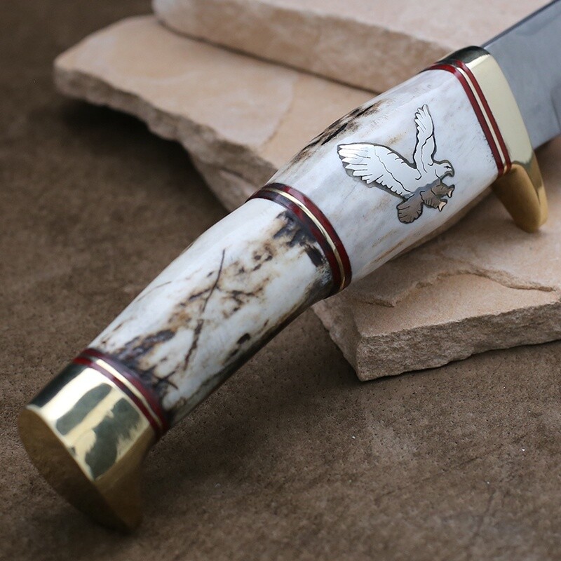 Antler handle long blade knife w/ silver eagle inlay