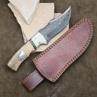 Wood &amp; antler handle fixed blade w/ silver wolf inlay