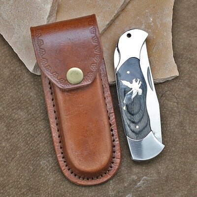 Folding knife with wood &amp; silver eagle inlay
