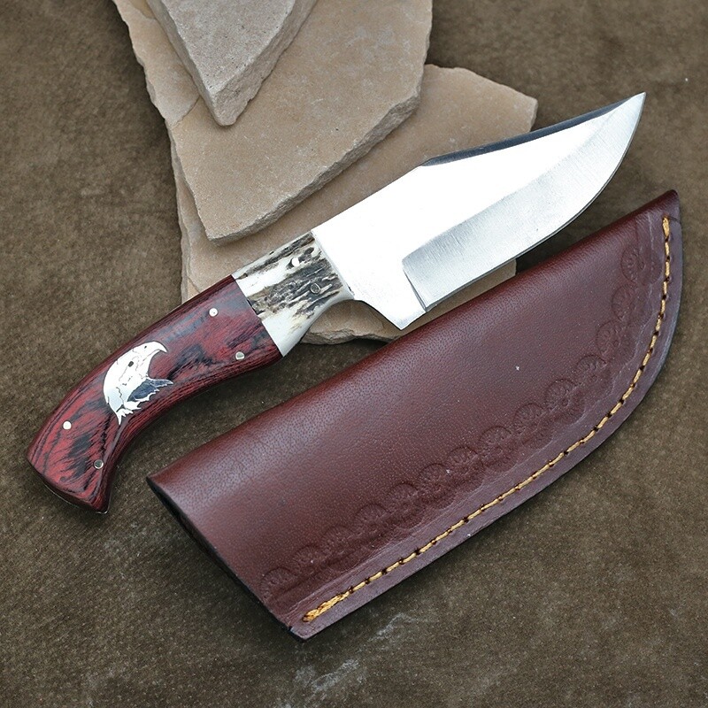 Wood &amp; Elk handle fixed blade knife w/ silver eagle