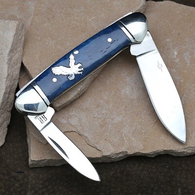 Blue wood double blade pocket knife w/ eagle