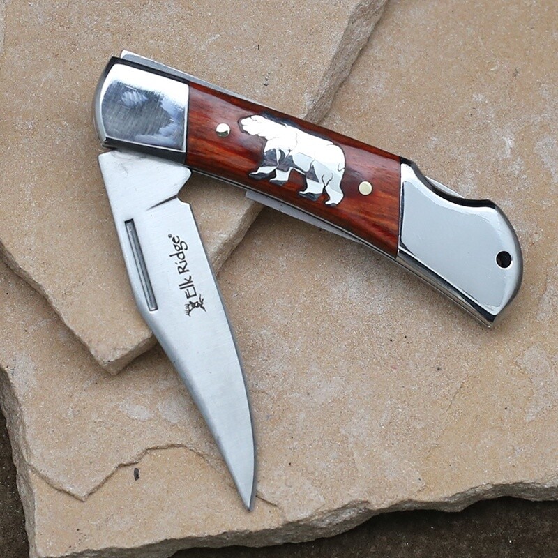 Elk ridge pocket knife w/ silver bear inlay