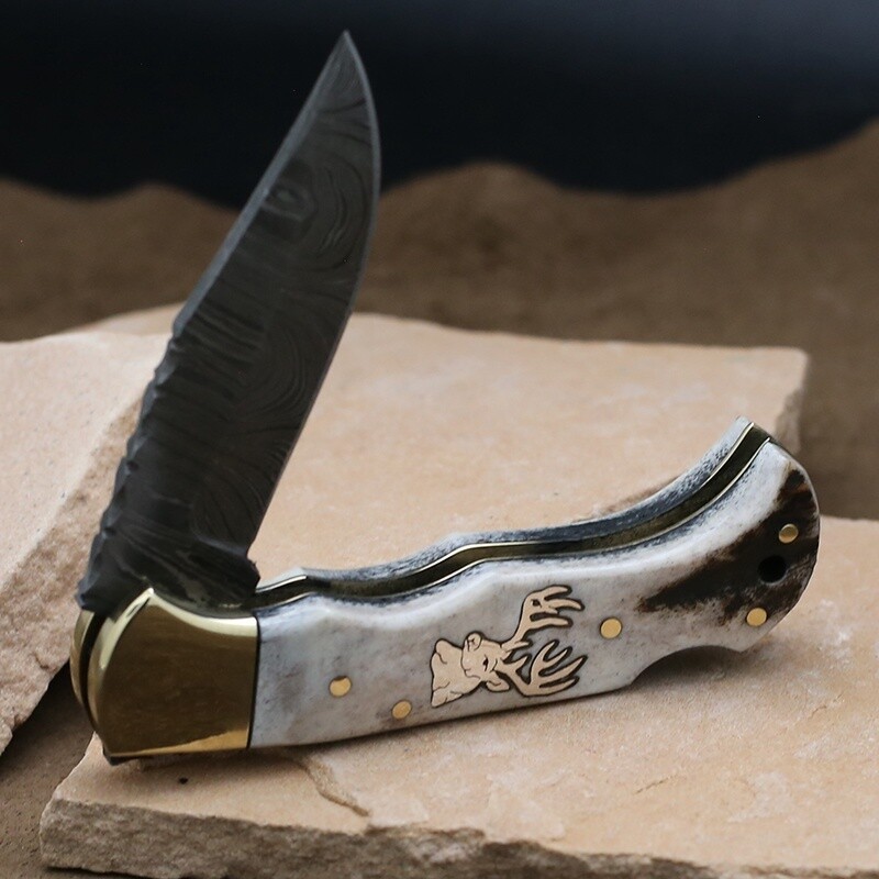 Antler &amp; brass handle folding knife w/ silver elk