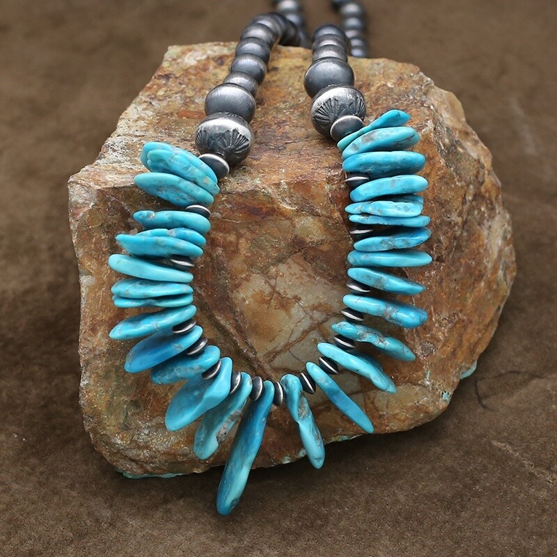 22&quot; silver bead necklace with turquoise slabs