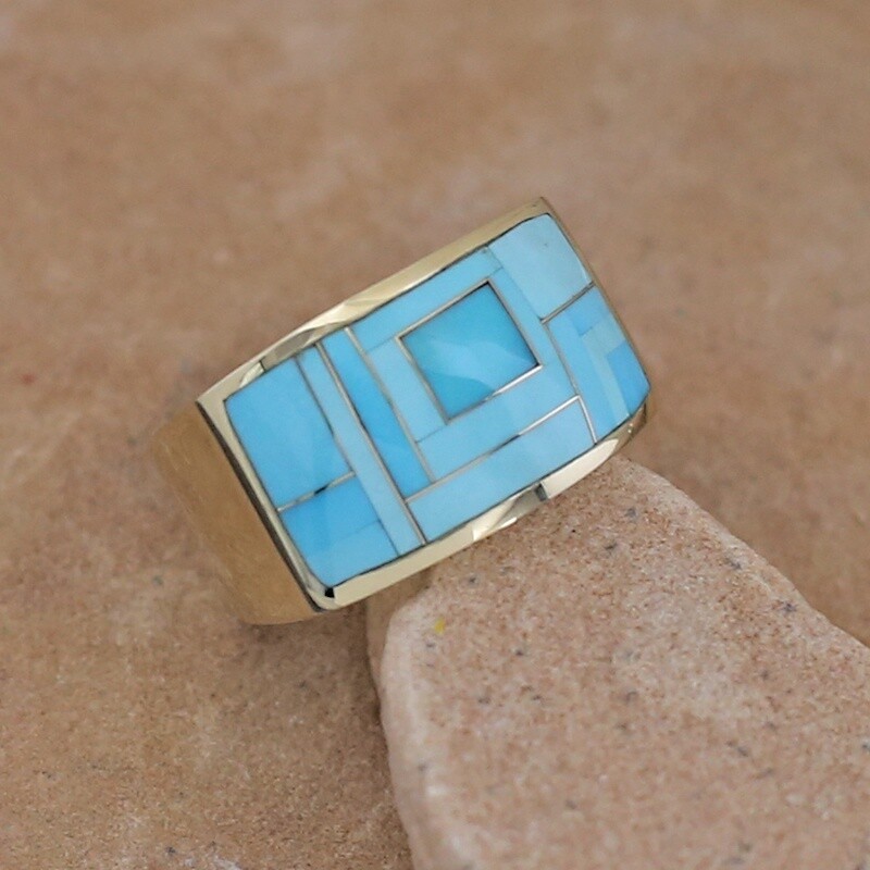 14kt gold & Sleeping beauty inlay wide ring