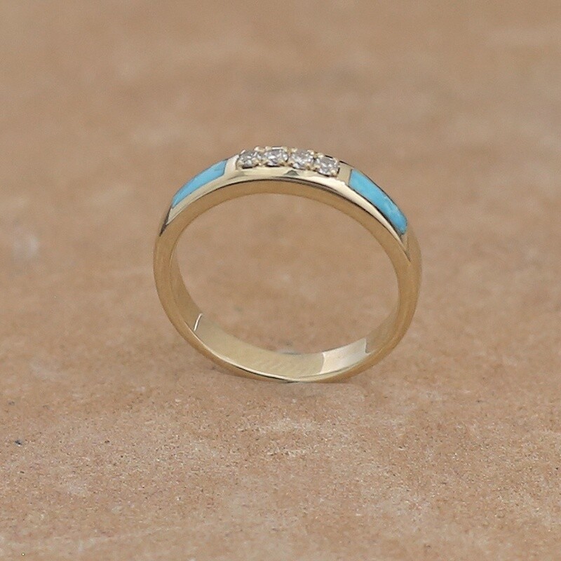 14kt gold &amp; diamond  stackable ring w/ Kingman turquoise