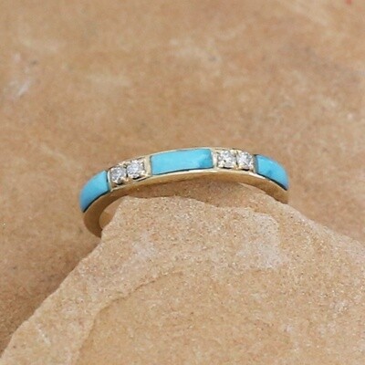 14kt gold ring w/ 4 diamonds &amp; inlay kingman turquoise