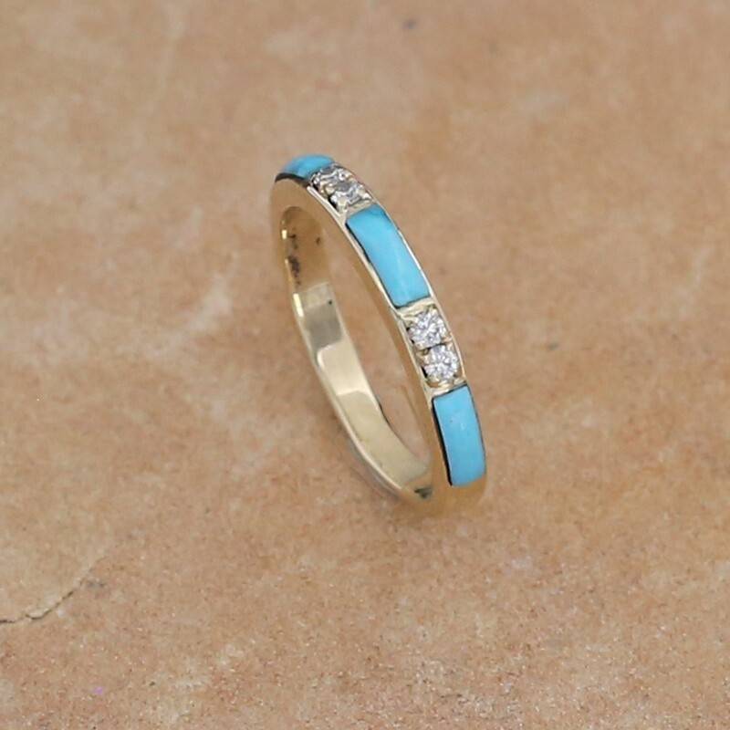 14kt gold ring w/ 4 diamonds &amp; inlay kingman turquoise