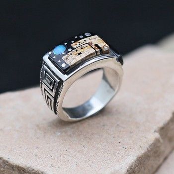 Unique inlay ring w/ wind designs &amp; adobe pueblo