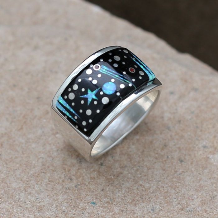 Large  Navajo Inlay Night Sky Ring- Flat bottom shank, Ring Size: SR2075