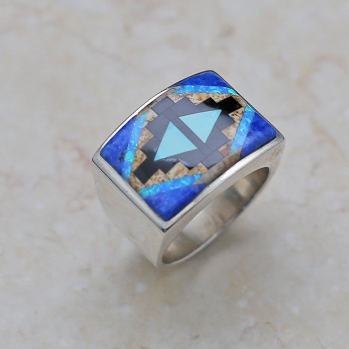 Blue rug pattern large heavy ring, Ring Size: SR2366