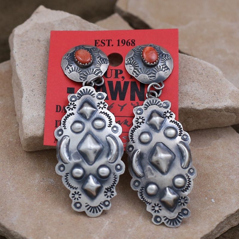 Dangle silver earrings w/ red spiny oyster shell