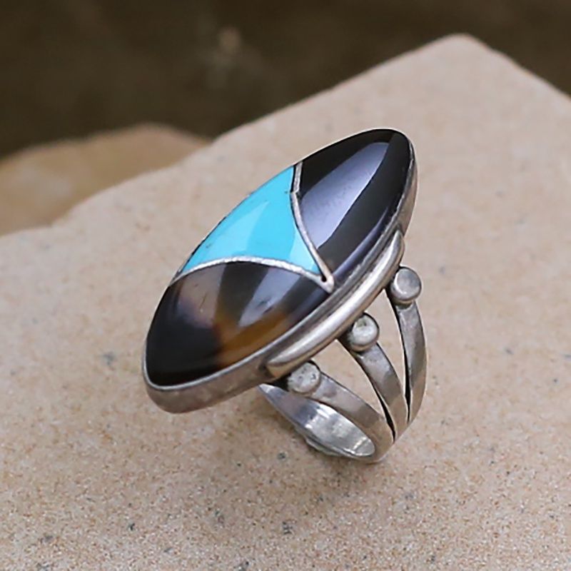 1970&#39;s Zuni tortoise &amp; turquoise inlay ring