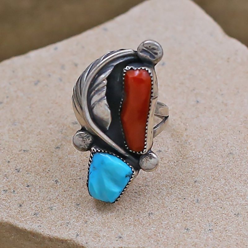 1970&#39;s Navajo coral &amp; turquoise ring