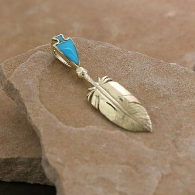 14kt Gold feather pendant w/ turquoise inlay bail