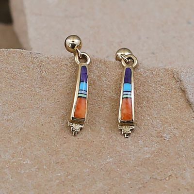 14kt gold dangle earrings w/multi color inlay