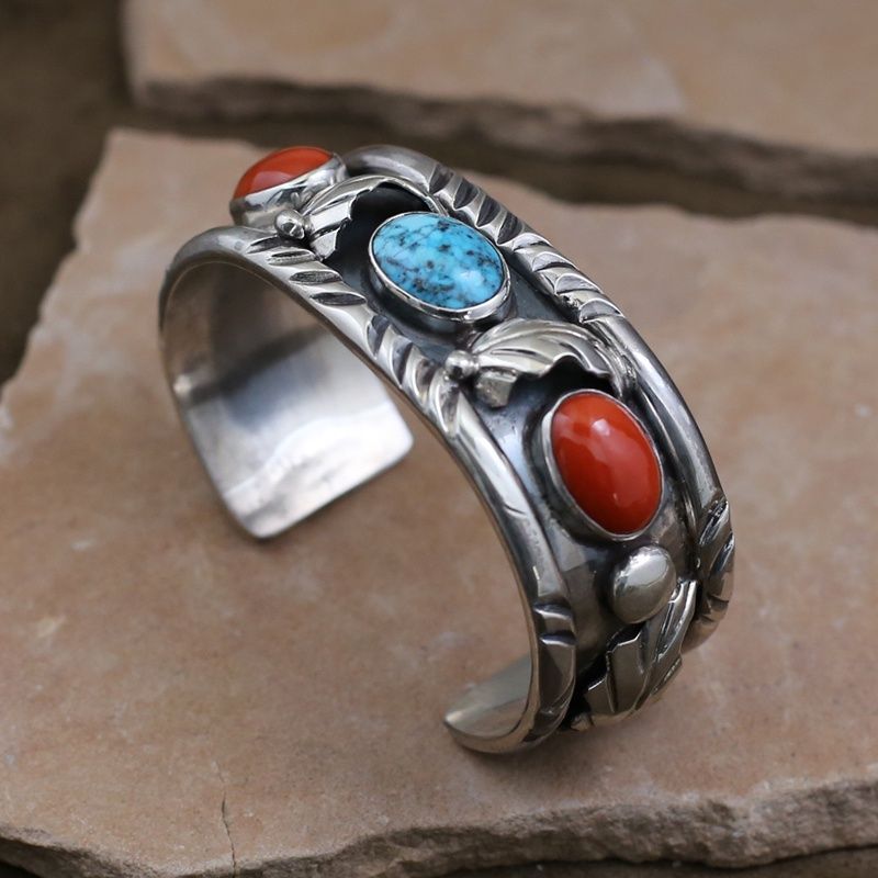Large 1970&#39;s turquoise &amp; coral bracelet
