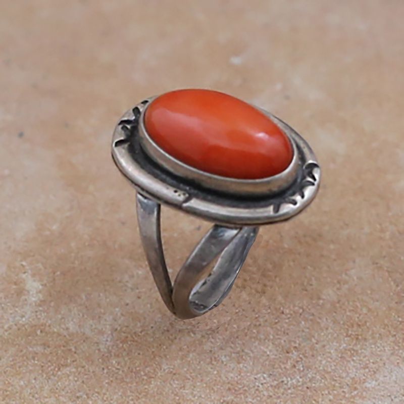 1970&#39;s Oval coral stone ring- Navajo