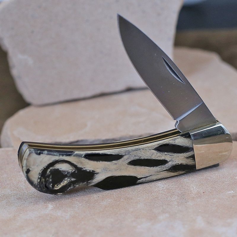 Cholla wood pocket knife w/ black resign inlay