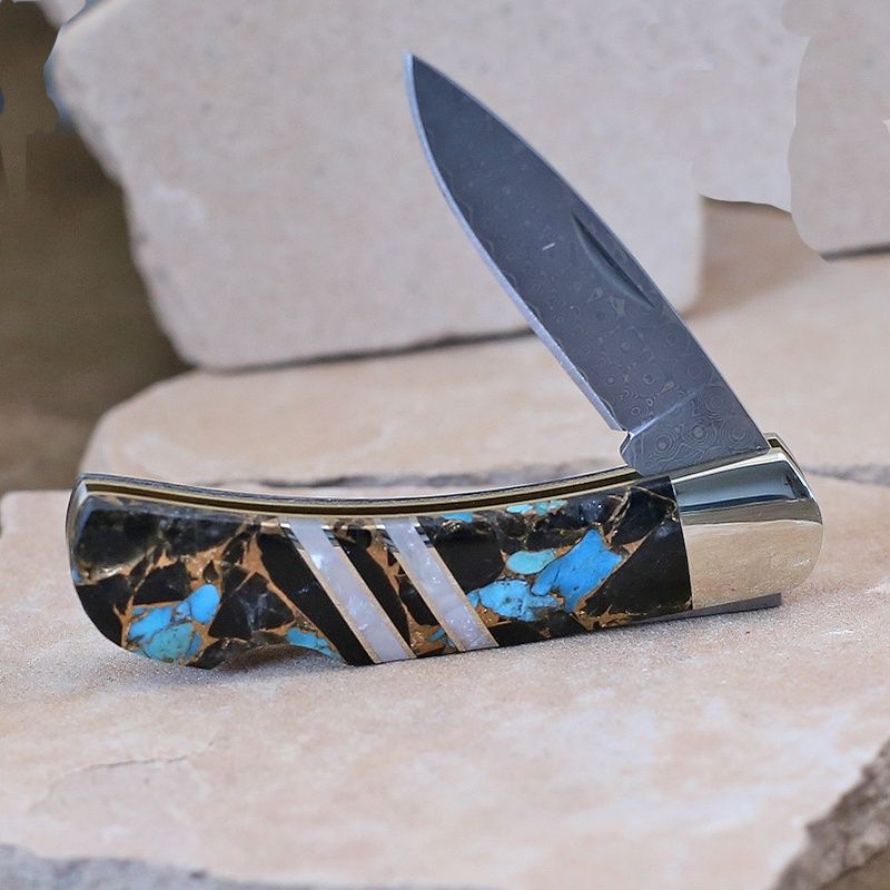 Composite turquoise inlay pocket knife- Damascus