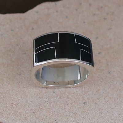 Arizona Black Jade inlay flat bottom ring