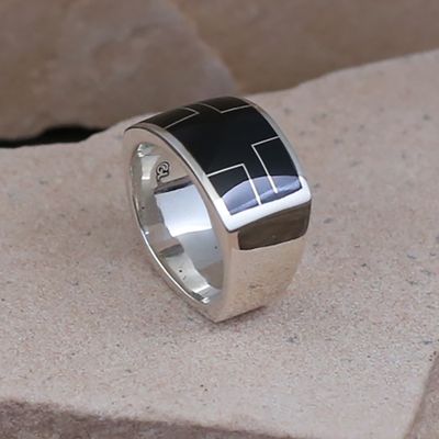 Arizona Black Jade inlay flat bottom ring