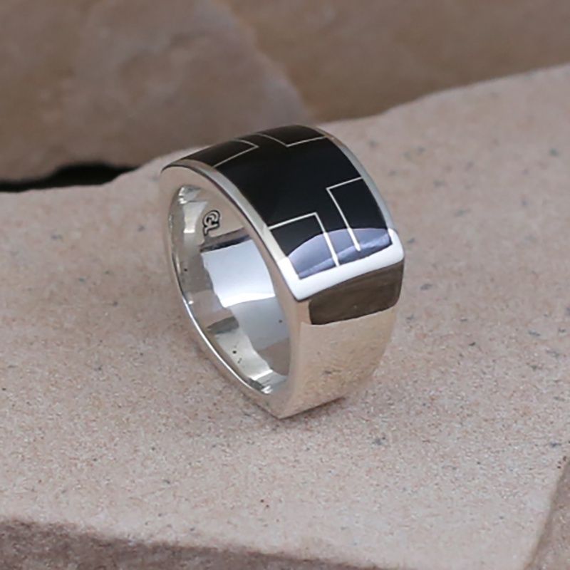 Arizona Black Jade inlay flat bottom ring