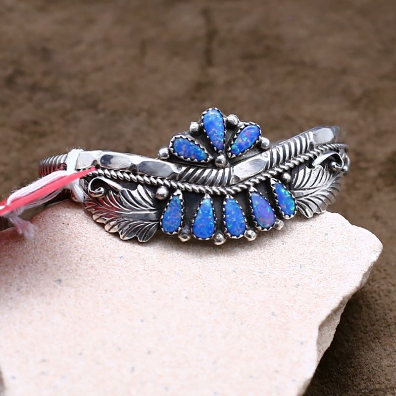 Pawn jewelry-Blue cultured opal &amp; silver bracelet