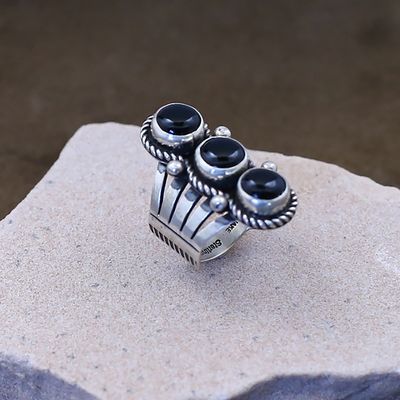 Navajo 3-stone black onyx ring