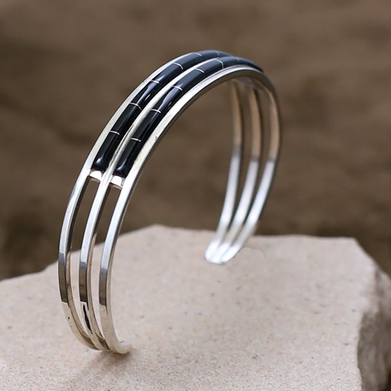 Zuni double row &quot;jet&quot; inlay bracelet