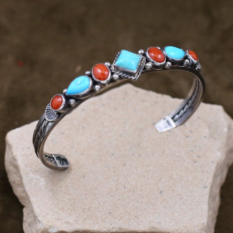 Contemporary Navajo turquoise &amp; coral bracelet