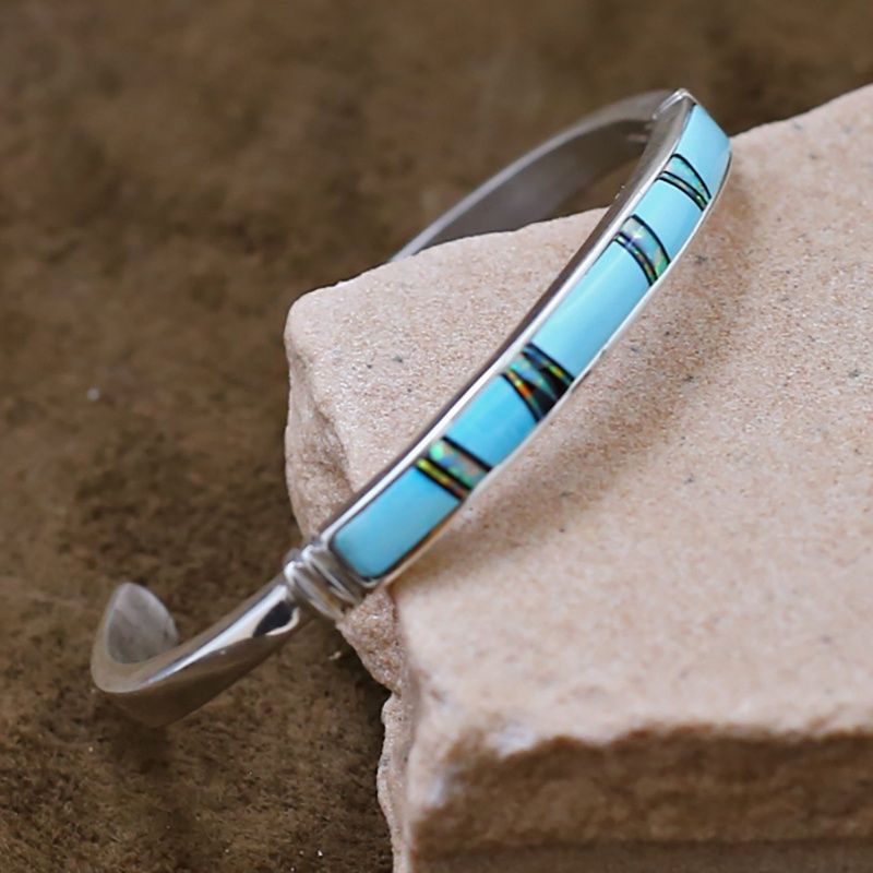 Thin Navajo inlay bracelet w/ light blue turquoise