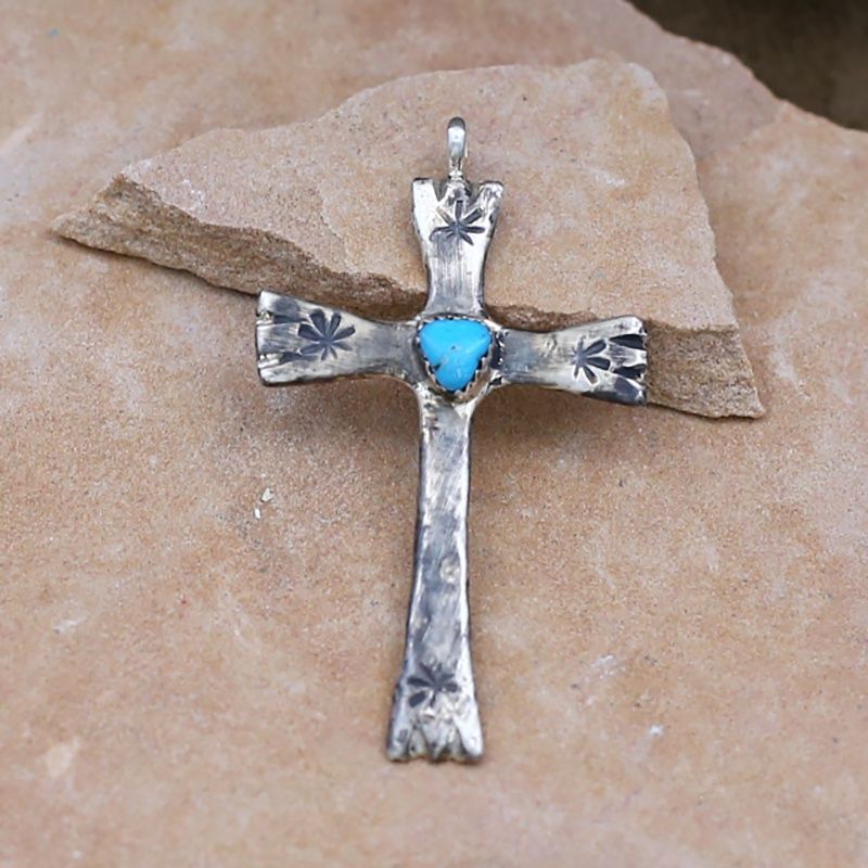 Sand cast silver cross pendant w/ turquoise