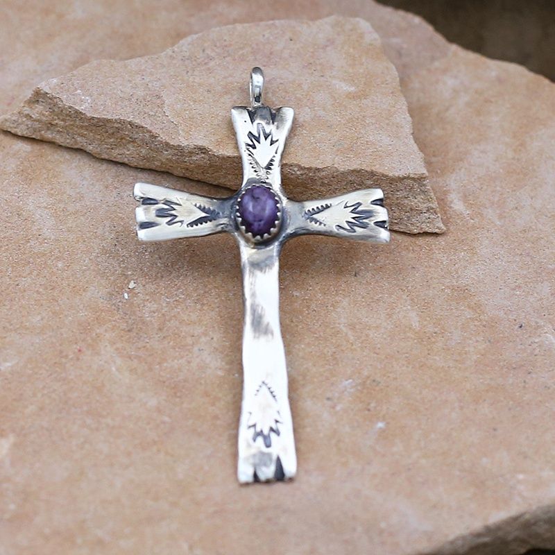 Sandcast cross pendant w/ purple spiny oyster shell