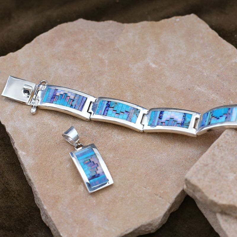 Navajo inlay link bracelet &amp; pendant set
