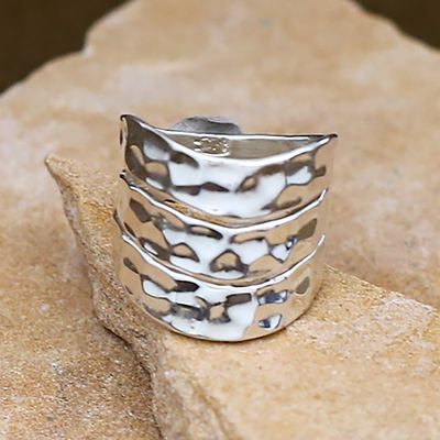 Three row hammered silver ring
