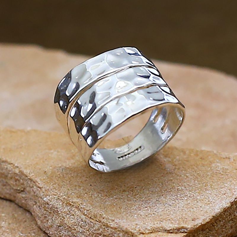 Three row hammered silver ring