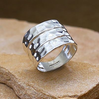 Three row hammered silver ring
